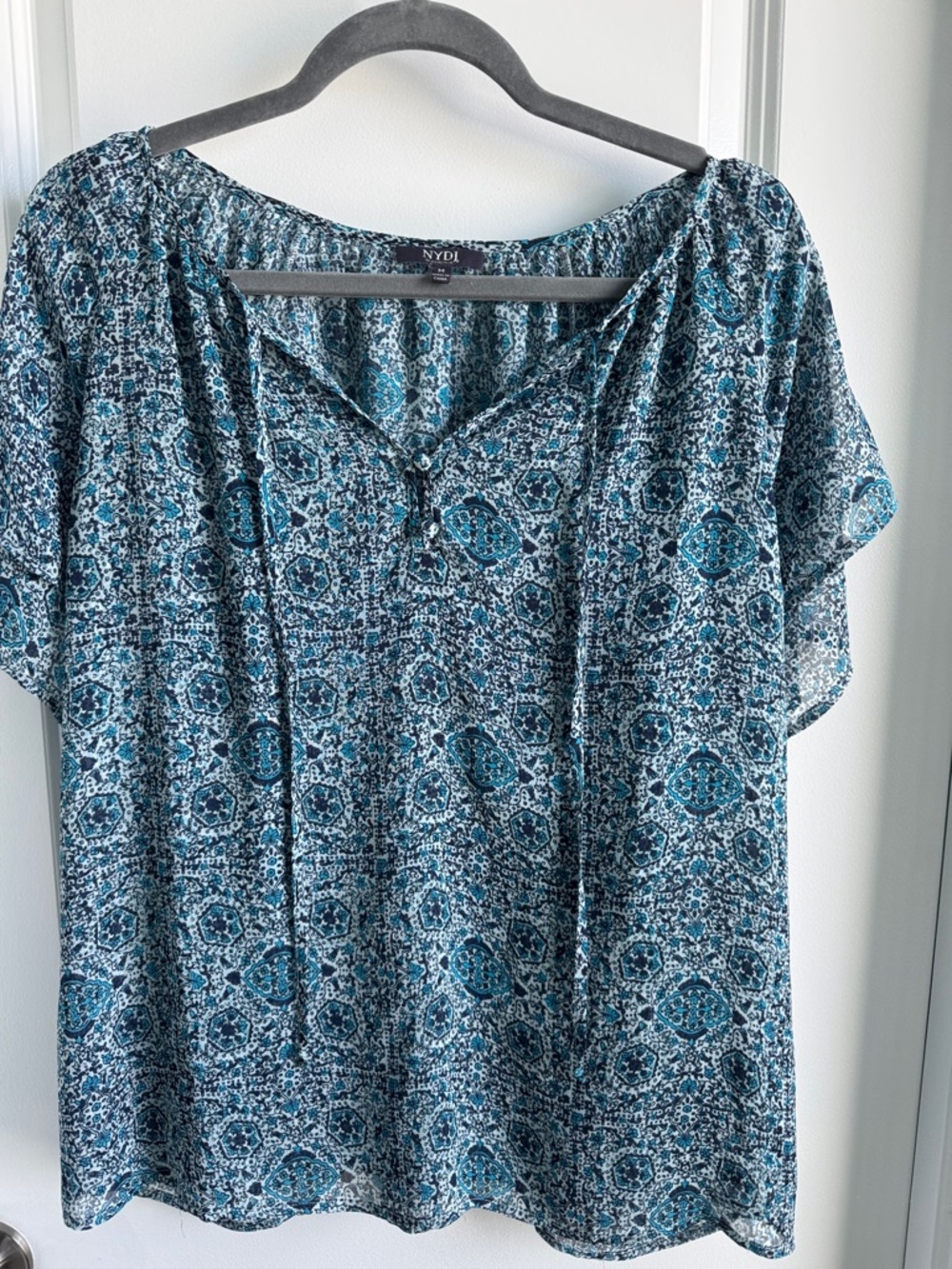NYDJ Blue Teal Printed Short Sleeve Blouse